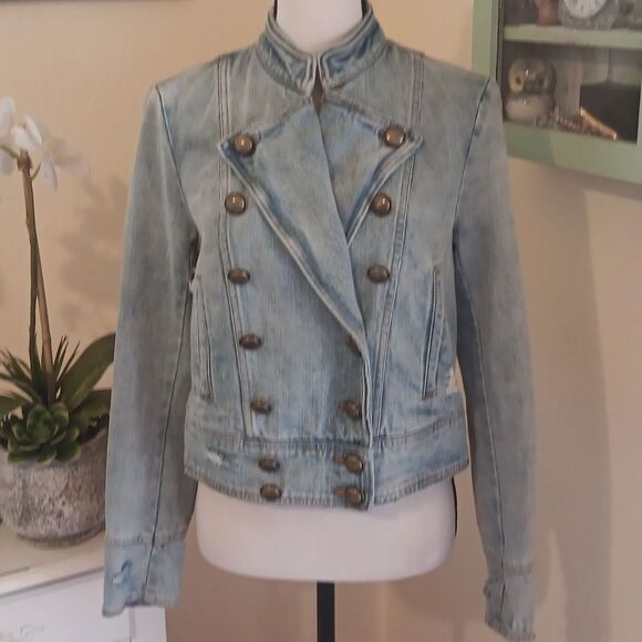 Free People Moto Double Breasted Denim Jacket. Country. Military.Coastal Cowgirl - Picture 2 of 14